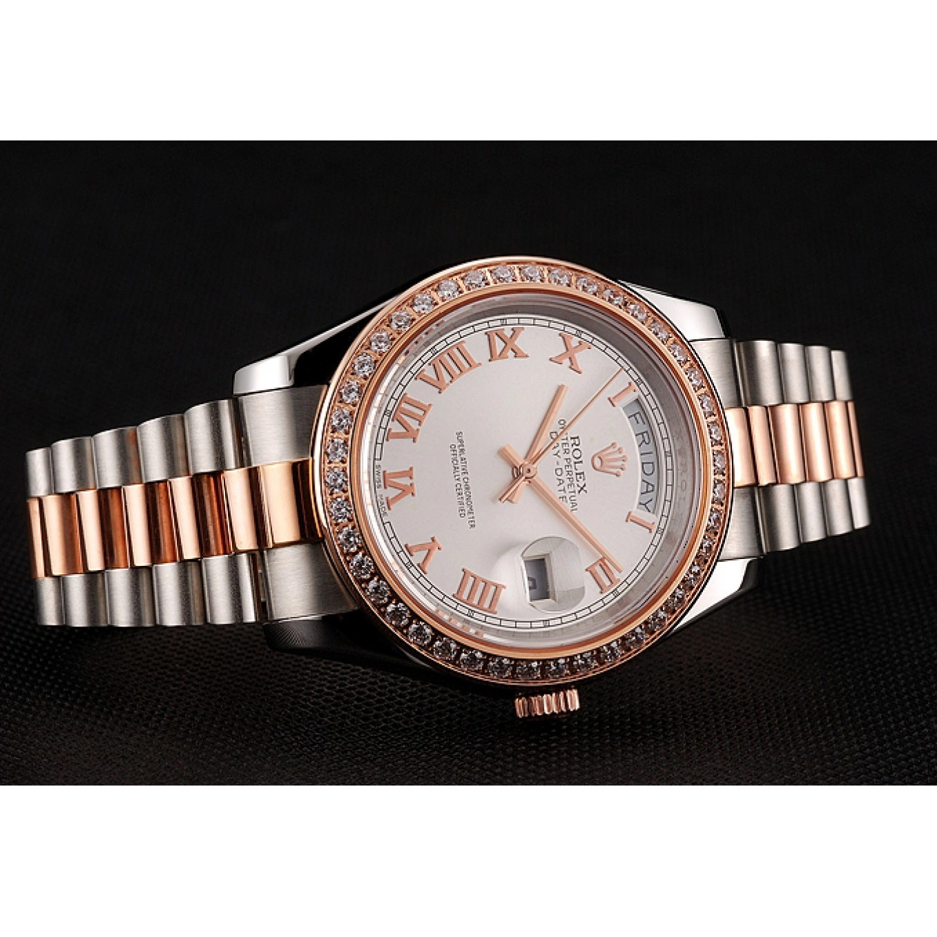 AAA Replica Watches Gold White Staineless Rose Swiss 1454108 Rolex Bezel Day-Date Dial Diamonds Steel Bracelet And 0731